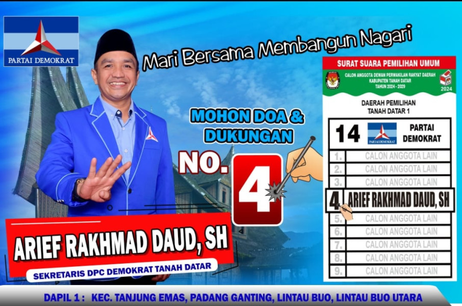 Siap Membangun Nagari, Putra Tanjung Barulak Arief Rakhmad Daud SH, Maju Sebagai Caleg DPRD Kab. Tanah Datar Dari Partai Demokrat