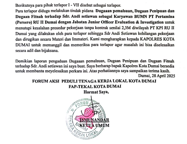 Terkait Dugaan Fitnah, Pemalsuan, Dan Penipuan Ketum Faptekal Lakukan Dumas Ke Polres Dumai