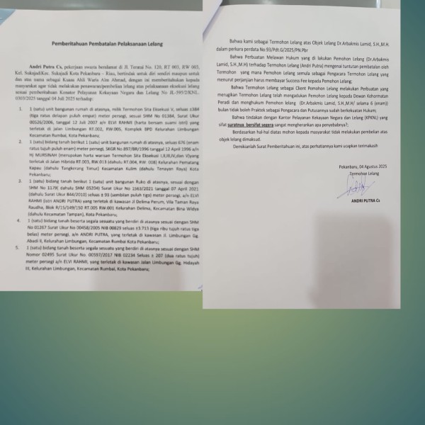 H. Andri Putra S. Si Cs Ajukan Pemberitahuan Pembatalan Pelaksanaan Lelang Ke KPKNL, Ini Alasannya!