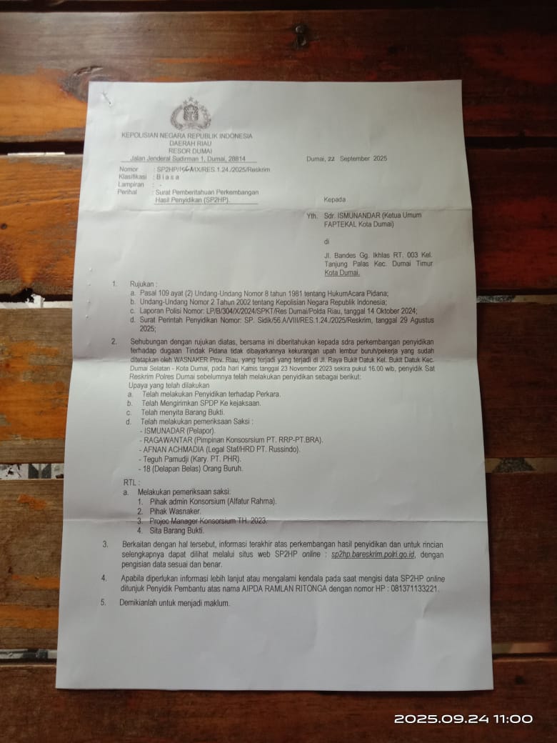 Polres Dumai Akhirnya Keluarkan Surat SP2HP Setelah Aksi Penyampaian Pendapat Terkait PT.RRP