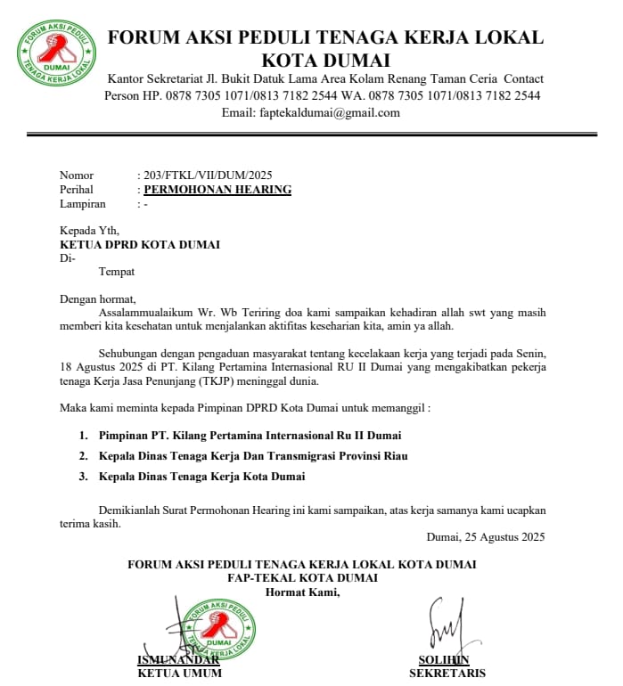 Faptekal Ingatkan DPRD Tidak Tinggal Diam Terkait Laka Yang menewaskan Pekerja LS Di PT. KPI RU II Dumai