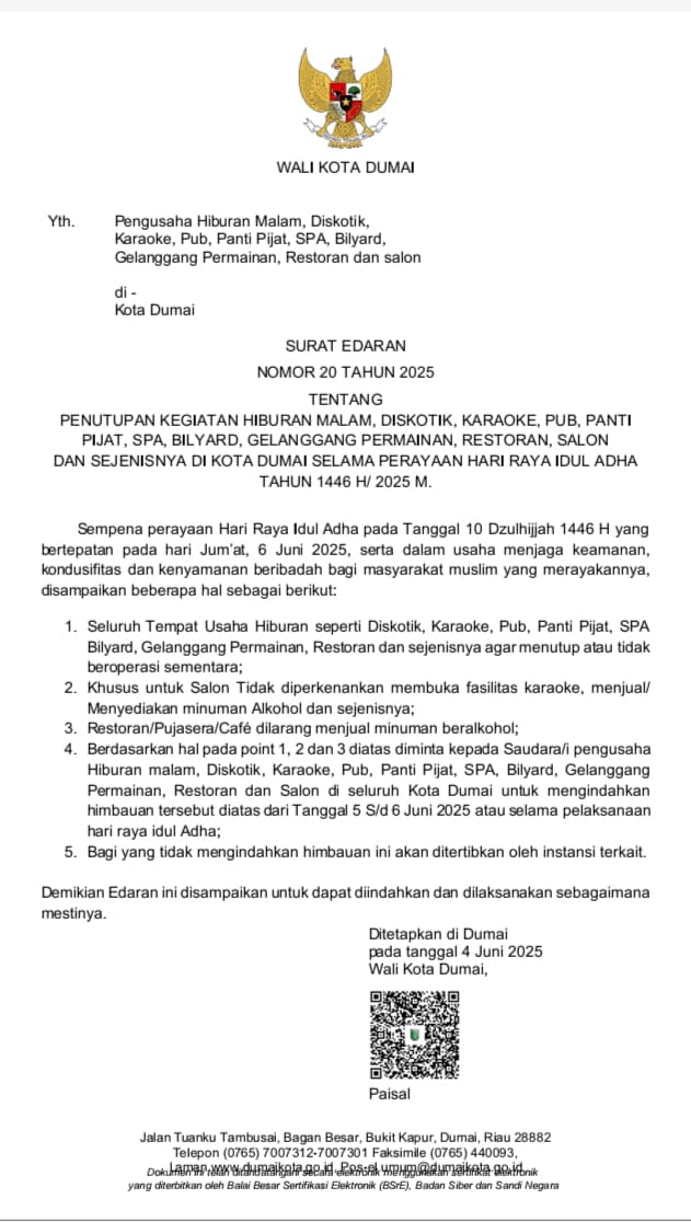 Pemko Dumai Mengeluarkan Surat Edaran Penutupan Sementara Seluruh Usaha Hiburan Malam Selama Hari Raya Idul Adha 1446 H