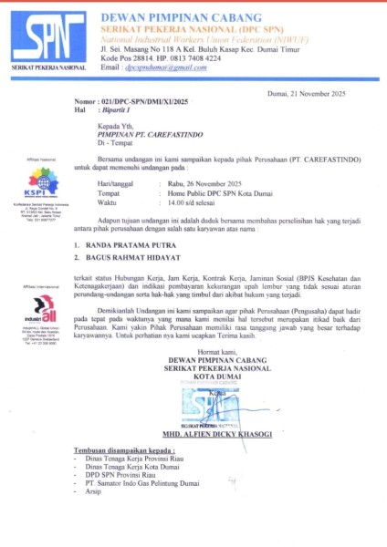 SPN Dumai Soroti Ketidak hadiran PT. Catefastindo Mitra PT. Samator Indo Gas Dalam Bipartit I Terkait PHK Sepihak Pekerjanya